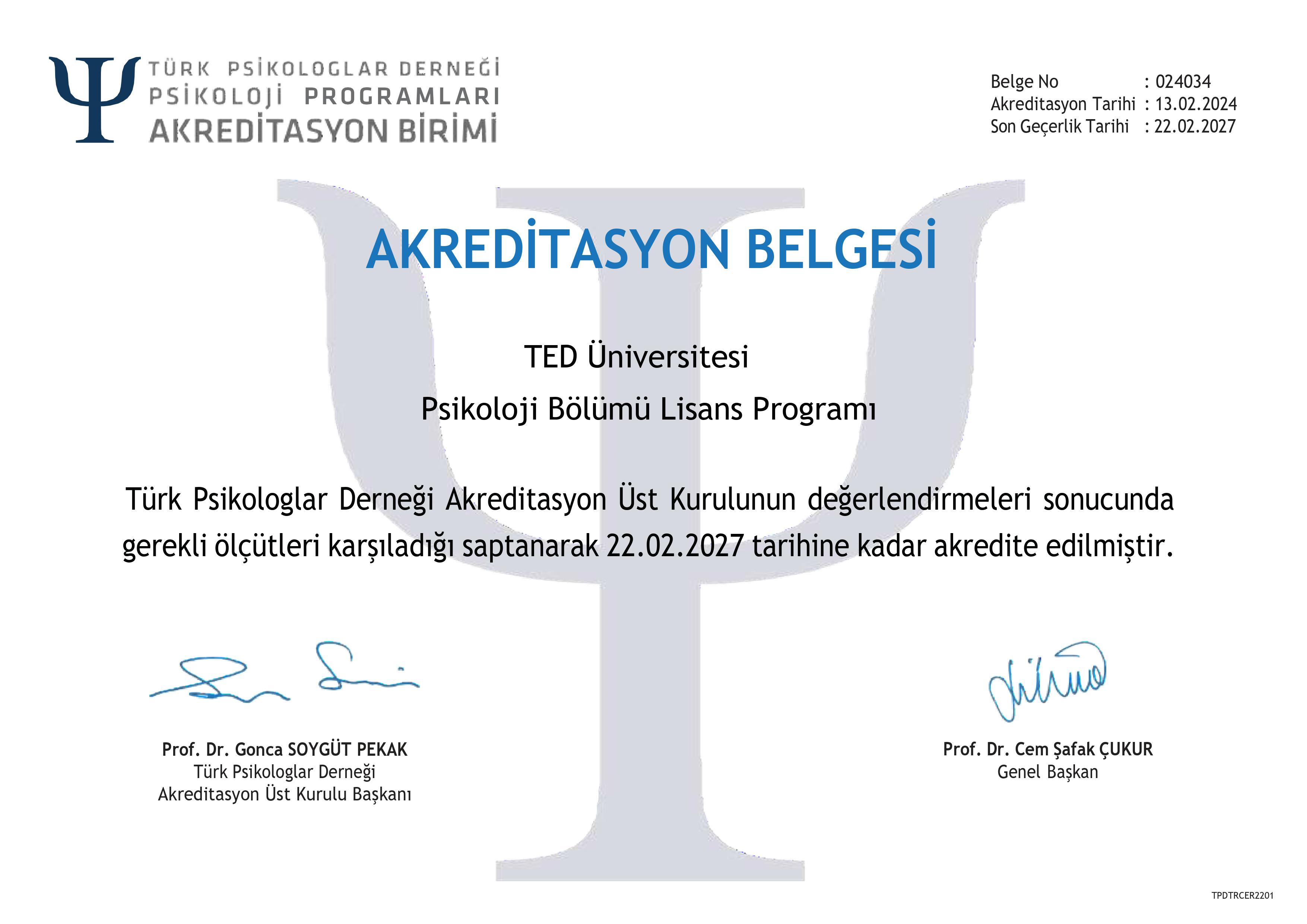 TEDÜ Psikoloji-Akreditasyon